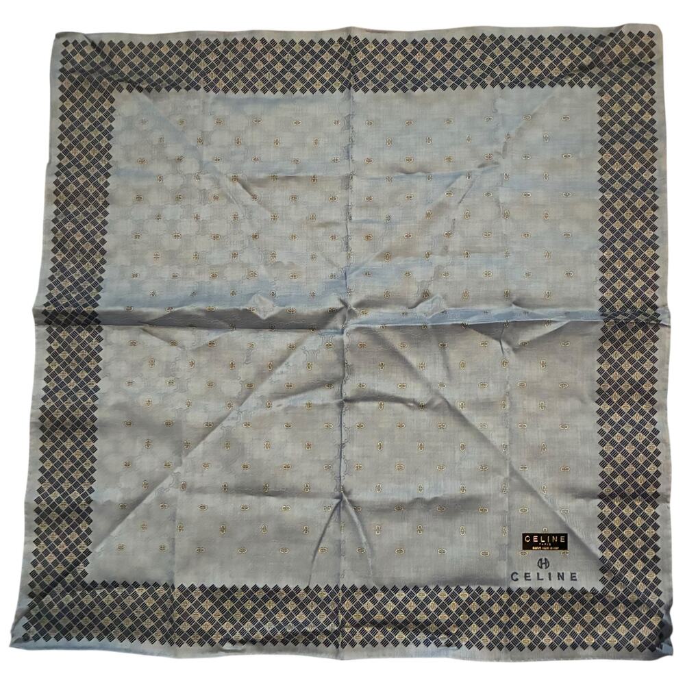 Celine Paris Handkerchief Scarf Blue/Grey Geometric Border Cotton Pocket Square